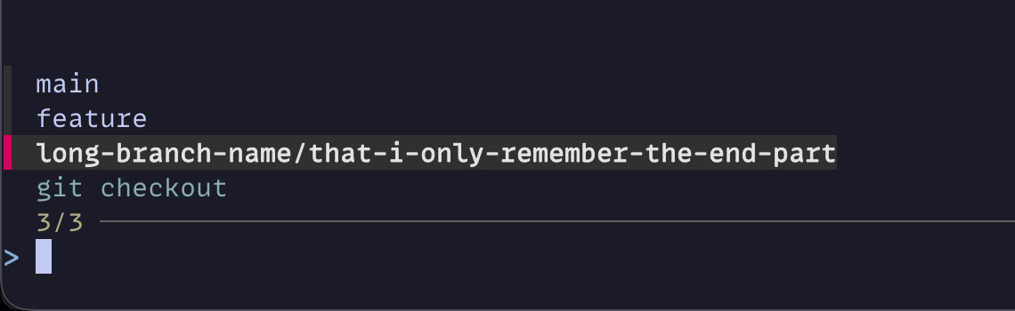 Fuzzy git checkout showing branch selection with fzf